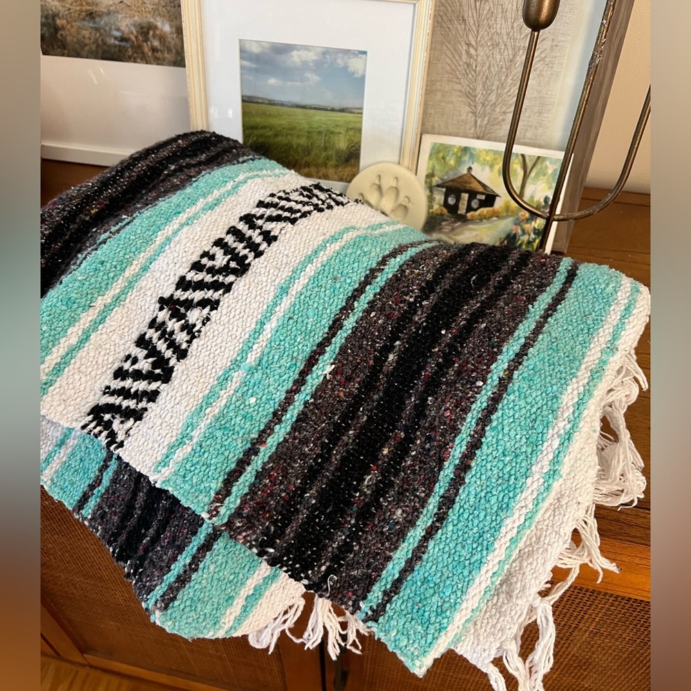 Handwoven Mexican Striped Blanket - Black, White, and Teal